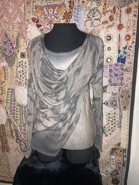 Sheer Draped Cowl Neck Top with Sequin Underlayer - Gray